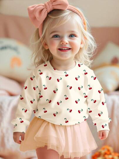 SHEIN 女婴奶油白色，可爱甜美迷你樱桃图案，休闲宽松圆领柔软针织套头衫，适合秋冬季，夏季舒适，秋季分层穿着，时尚休闲装，图案，返校，秋季，返校节樱桃樱桃上衣樱桃衬衫长袖上衣女童