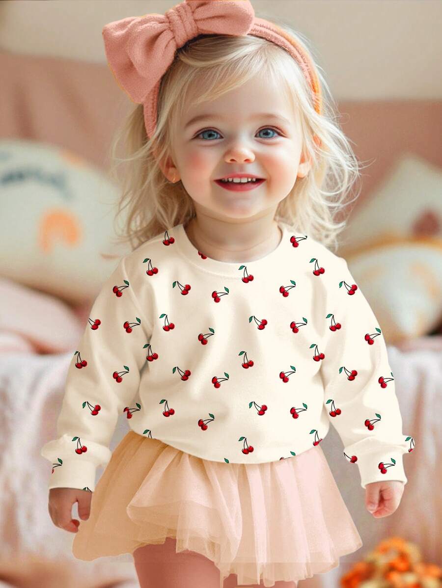 SHEIN Happikins Baby Girl Cream White, Cute Sweet Mini Cherry Pattern, Casual Loose Fit Crew Neck Soft Knit Pullover Sweatshirt, Suitable For Autumn/Winter, Summer For Easy Comfort, Autumn Layers For, Stylish, Casual Wear, Graphic, Back To School, Fall, Homecoming Cherry Cherry Top Cherry Shirt Long Sleeve Top Girl