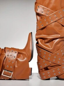 SHUZIA 女士时尚性感及膝高跟靴，金属扣装饰 - 駝色 - 查看 6