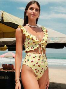 Swim Mod Sexy Ruffled Hollow-Out Backless Random Print One-Piece Swimsuit For Women, Summer Vacation - Multicolor - View 4