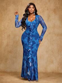 Brilight 女式优雅性感印花网眼长袖 V 领荷叶边下摆长裙 - 藍色 - 查看 7