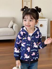 Back To School Fall Clothes  Girls (Small) New Spring/Autumn Navy Blue Unicorn Print Zip-Up Hooded Casual Cute Jacket Winter