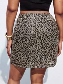 Maija Women's Plus Size Sequined Leopard Print Hem Slit Mini Skirt,Beige Autumn Girlism Night Wedding Guest, Modest Vintage Old Money Fashion Elegant - Multicolor - View 2