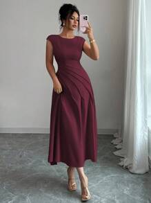 Selianne Rochie elegantă pentru femei, stil francez, romantică, cu talie căzută, plisată, primăvară/vară - Maro - Vizualizare 3