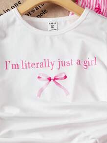 2 件套女童休闲修身针织长袖短款 T 恤，侧面褶皱，字母和蝴蝶印花，以及松紧腰带条纹蝴蝶印花阔腿裤套装，秋季 - 粉色 - 查看 4