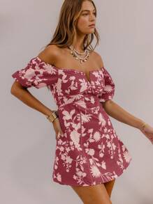 Aralina 女式花卉印花露肩短袖时尚迷你连衣裙 - 櫻桃紅 - 查看 8