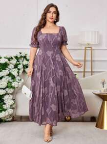 Modelyn Plus Size Elegant Chiffon Jacquard Square Collar Short Sleeve A-Line Dress For Spring & Summer - Mauve Purple - View 5