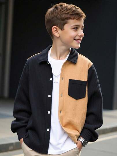 Tween 男童休闲学院风度假拼色领开衫华夫格纹理梭织衬衫，适合春季、夏季、秋季、冬季、户外玩耍、学校、街头风格、派对、休闲、返校季节