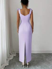 Elenzga 女士优雅无袖长裙，蝴蝶结装饰，休闲通勤、度假、下午茶、派对，纯色，法式浪漫西西里风格，春夏 - 淡紫色 - 查看 2