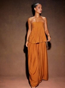 Hauture Women Solid Color Pleated Wide Leg Loose Casual Pants - Orange - View 3