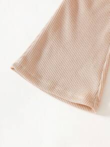 2件套少女领华夫格面料长袖荷叶边下摆衬衫和喇叭裤套装 - 卡其色 - 查看 5