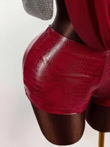 Amplova 网眼深垂领露背 PU 拼接紧身连衣裤 - 紅色 - 查看 5