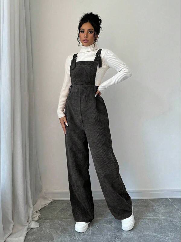 Elenzga Calças de babador casuais femininas de cor sólida e alça grossa, macacão sem mangas de veludo cotelê