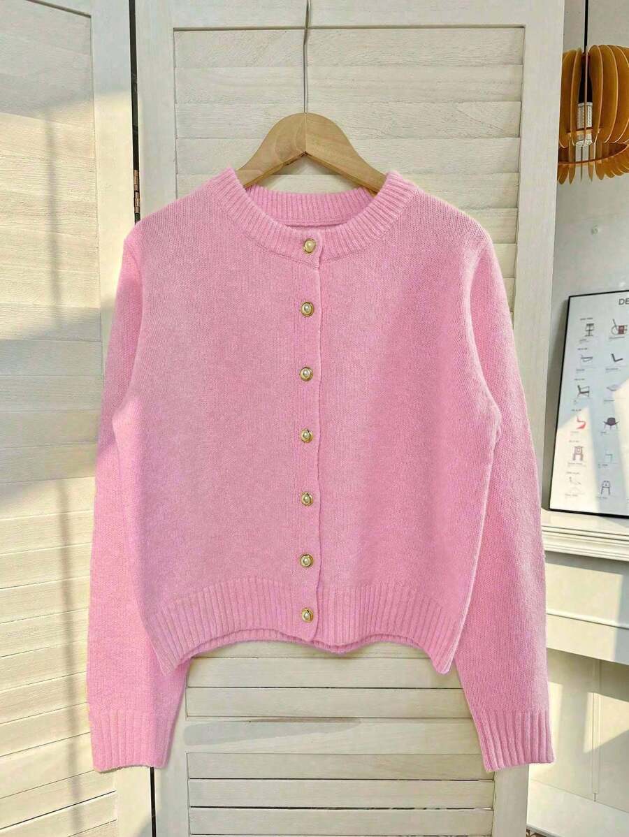 Franclia 女式简约百搭优雅纯色前扣长袖开衫秋冬款，粉色 - 粉色 - 查看 1