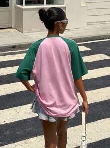 Muchica Camiseta de manga corta suelta y vintage con bloques de color para mujer