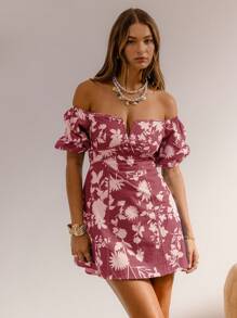 Aralina 女式花卉印花露肩短袖时尚迷你连衣裙 - 櫻桃紅 - 查看 9