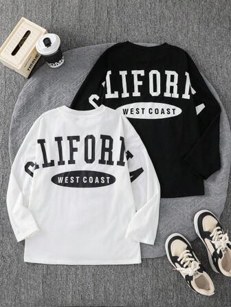 2 件青少年男孩休闲黑白 T 恤，街头朋克摇滚学校日常外出派对音乐节服装，适合春夏季