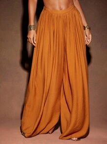 Hauture Women Solid Color Pleated Wide Leg Loose Casual Pants - Orange - View 5