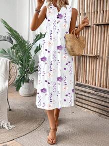 EMERY ROSE Women's Casual Vacation Sleeveless V-Neck Printed Knit Maxi Dress