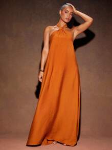 Hauture Women's Summer Vacation Style Solid Color Backless Halter Neck Loose Maxi Dress For Vacation, Summer, Beach Style - Orange - View 2