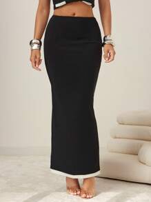 Vixey Contrast Piping Hem Back Zipper Knit Skirt, Business Casual Woman, Office - Black - View 2