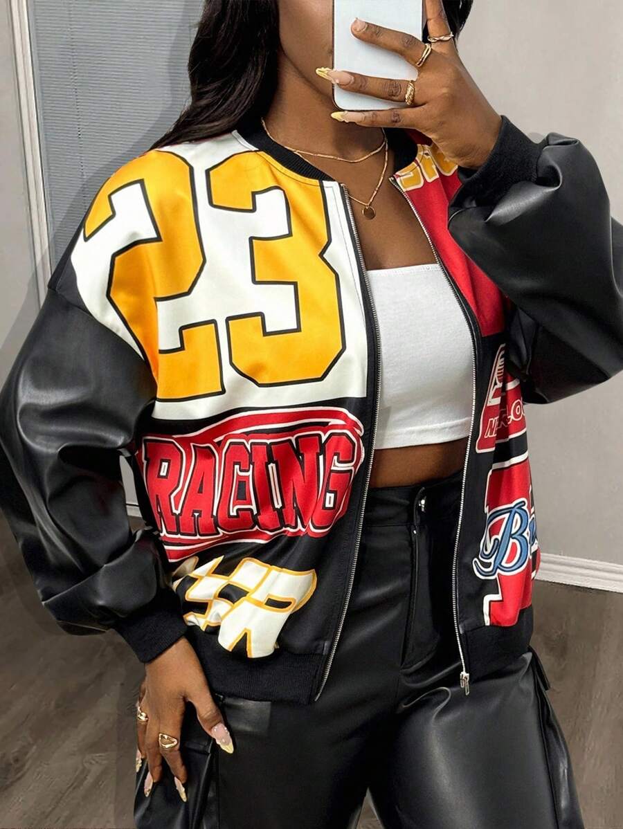 Slaydiva 2025 New Early Autumn Casual Street College Style Retro Daily Dating Digital Slogan Logo Yellow And Red Ball Pattern Loose Ball Jacket Baseball Jacket Front Center Metal Zipper Knitted And Black PU Drop Shoulder Long Sleeve Women's Jacket-A