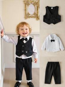 Souflis Souflis 3 件套男婴条纹长袖衬衫、华夫格裤和背心套装，优雅的服装组合，适合社交场合、聚会、派对、婚礼 - 彩色 - 查看 4