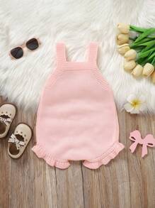SHEIN 1pc Cute Baby Romper Jumpsuit, White Strap Dress With Pink Bow And Ruffle Trim Baby Girl Romper Baby Girl Summer Outfit Baby Girl Bow Romper Knit Baby Romper Baby Girl Overalls Baby Girl Knit Romper Fall Winter