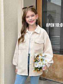 SHEIN 青少年女孩米色燈芯絨翻蓋口袋落肩長袖外套 秋冬休閒街頭風日常穿著夾克 鈕扣開襟襯衫版型 大廓形 - 杏色 - 查看 8