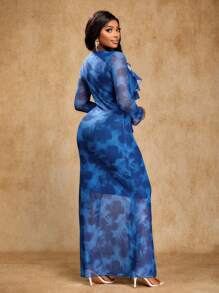 Brilight 女式优雅性感印花网眼长袖 V 领荷叶边下摆长裙 - 藍色 - 查看 2