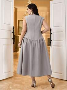 Modelyn Plus Size Women's Sequin Floral Decor Crew Neck Pleated Elegant Dress - Khaki - View 2