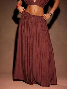 Hauture 女士夏季性感度假褶皱亚麻棕色松紧腰长裙