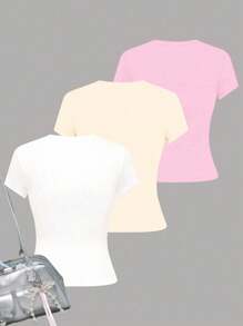 Bộ 3 áo thun cổ tròn ôm sát in họa tiết hoa giản dị dành cho bé gái tuổi teen, thích hợp mặc vào mùa hè - Hồng - Xem 2