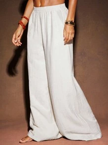 Hauture Pantalon long large en lin semi-transparent couleur unie de style simple pour les vacances d'été