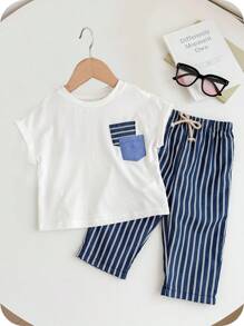 SHEIN 2 件套男婴/女婴可爱夏季针织白色短袖 T 恤和条纹松紧腰裤套装，适合生日派对、庆典、婚礼、迎婴会 - 彩色 - 查看 1