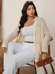 Zelara 大码女式休闲纯色镂空纽扣开衫，春秋季慵懒休闲风航海风开衫，机场秋冬校园复古风针织开衫 - 杏色 - 查看 7