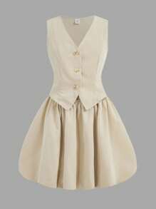 SHEIN Tween Girls Solid Apricot Beige Puffy Hem Suit Vest 2 In 1 Sleeveless Dress, Back To School, Formal Dresses, Summer Dress, Girls School Dress, School Clothes For Girls, Teen Girl Clothes For School, Girls School Clothes, Girls Back To School Outfits, Mommy And Daughter Outfits - Khaki - View 11