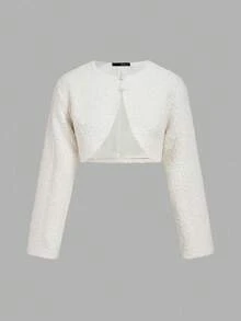 SHEIN MOD Chaqueta corta de peluche de moda con botones de perlas falsas y manga larga para mujer