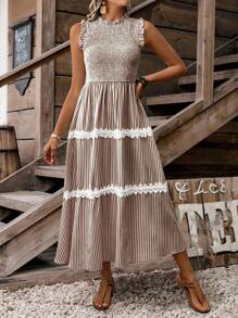 LanaWest Women Sleeveless Casual Striped Frill Hem Mini Dress