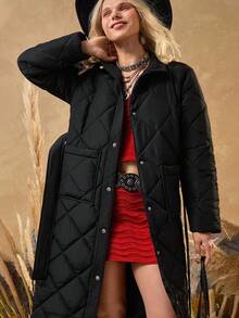 Bóhologie Plain Front Button Long Sleeve Warm Winter Coat - Black - View 4