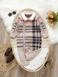 SHEIN 1 件卡其色婴儿连体衣，白色彼得潘领长袖休闲简约连体衣 - 卡其色 - 查看 6