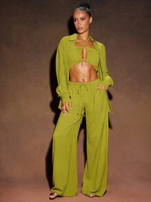 Hauture Sexy Summer Boho Vacation Solid Linen Cut Out Cross Halter Top And Simple Wide Leg Pants Set - Green - View 5