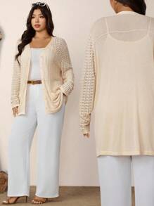 Zelara 大码女式休闲纯色镂空纽扣开衫，春秋季慵懒休闲风航海风开衫，机场秋冬校园复古风针织开衫 - 杏色 - 查看 5