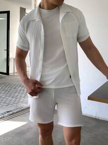 SHEIN 2pcs Teen Boys' Casual Comfy Knit Texture Short Sleeve Shirt & Shorts Set, Spring Wear - White - View 8