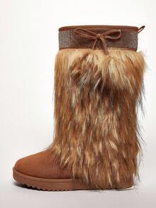 SHUZIA Women's Man Made Fur Camel Mid-Calf Snow Boots With Rhinestone Collar & Bow Detail – Warm, Luxe & Eye-Catching Winter Style With Anti-Slip Sole For Chic Cold-Weather Looks - Camel - View 3