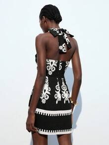 Maija Damen Herbst Twist Neckholder figurbetontes Urlaubskleid mit Blume Muster, Hohlwaise, elastischer Seitenreißverschluss, elegantes Boho Beach Resort Minikleid - Schwarz - Übersicht 5