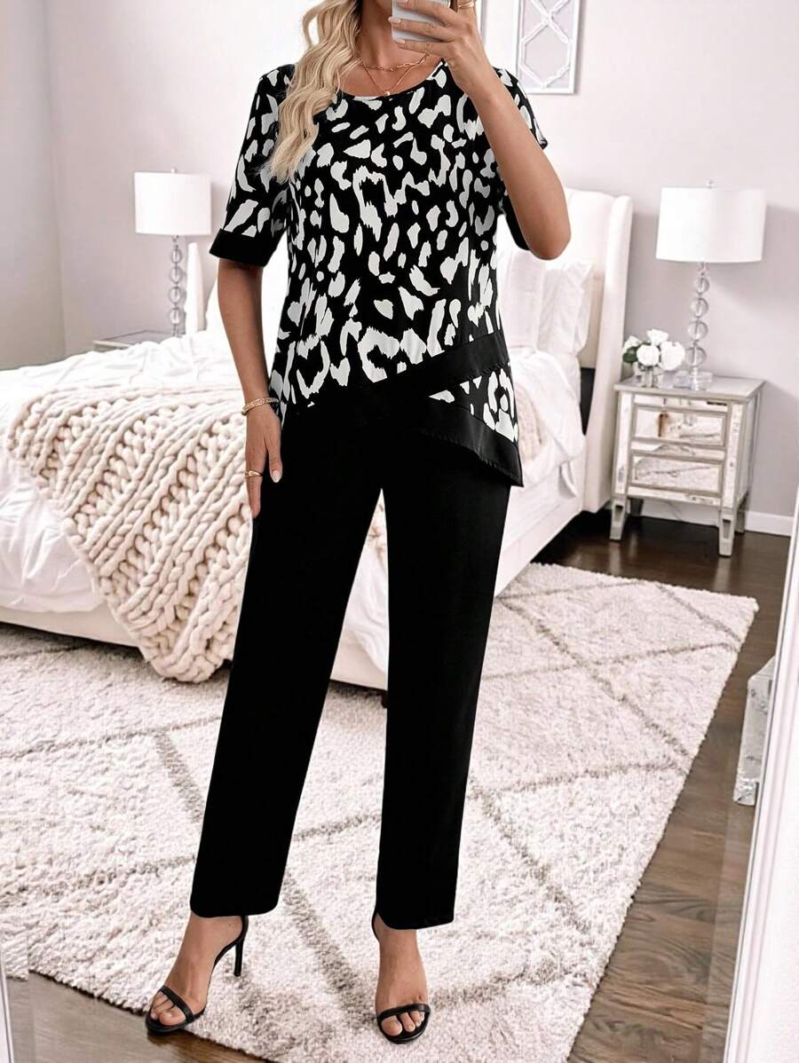 EMERY ROSE 2pcs Summer Women Allover Allover Print Short Sleeve Top And Solid Color Pants Set Fall Women Clothes Fall Clothes For Women Fall Outfits Women Autumn Clothes Fall Outfits Autumn Winter Clothes For Women Winter Business Casual Woman Usiness Casual Outfits Women Usiness Casual Outfits Women Country Country Outfits Women Old Money Basic Teacher Outfits For Women Oing Out Tops Women Back To School - Brown - View 1
