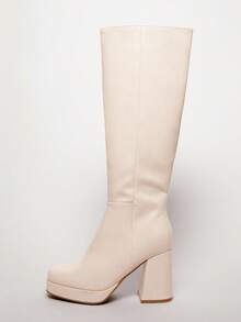 SHUZIA Botas altas hasta la rodilla con plataforma, punta cuadrada, cómodas y glamorosas para mujer, con cremallera interior - Beis - Ver 6