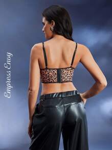 Leopard Print Sexy Front Tie Fishbone Bustier Bra, Underwire Short Fitted Lift & Enhance Bra, Going Out