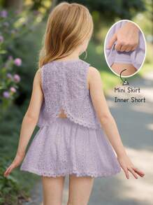 Emery Rose Kids Emery Rose Kids 年轻女孩编织刺绣纯色圆领不对称蕾丝下摆休闲上衣和迷你裙两件套，可爱优雅甜美复古时尚。妈妈和女儿和姐妹的搭配风格，度假、节日、学校日常穿着、家庭聚会和特殊场合，春夏。